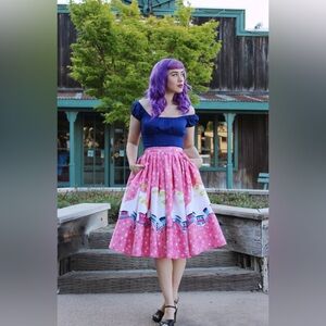 Pinup Couture PUG Mary Blair Pink Jenny Swing Skirt In Trains/Bon Voyage S NWT